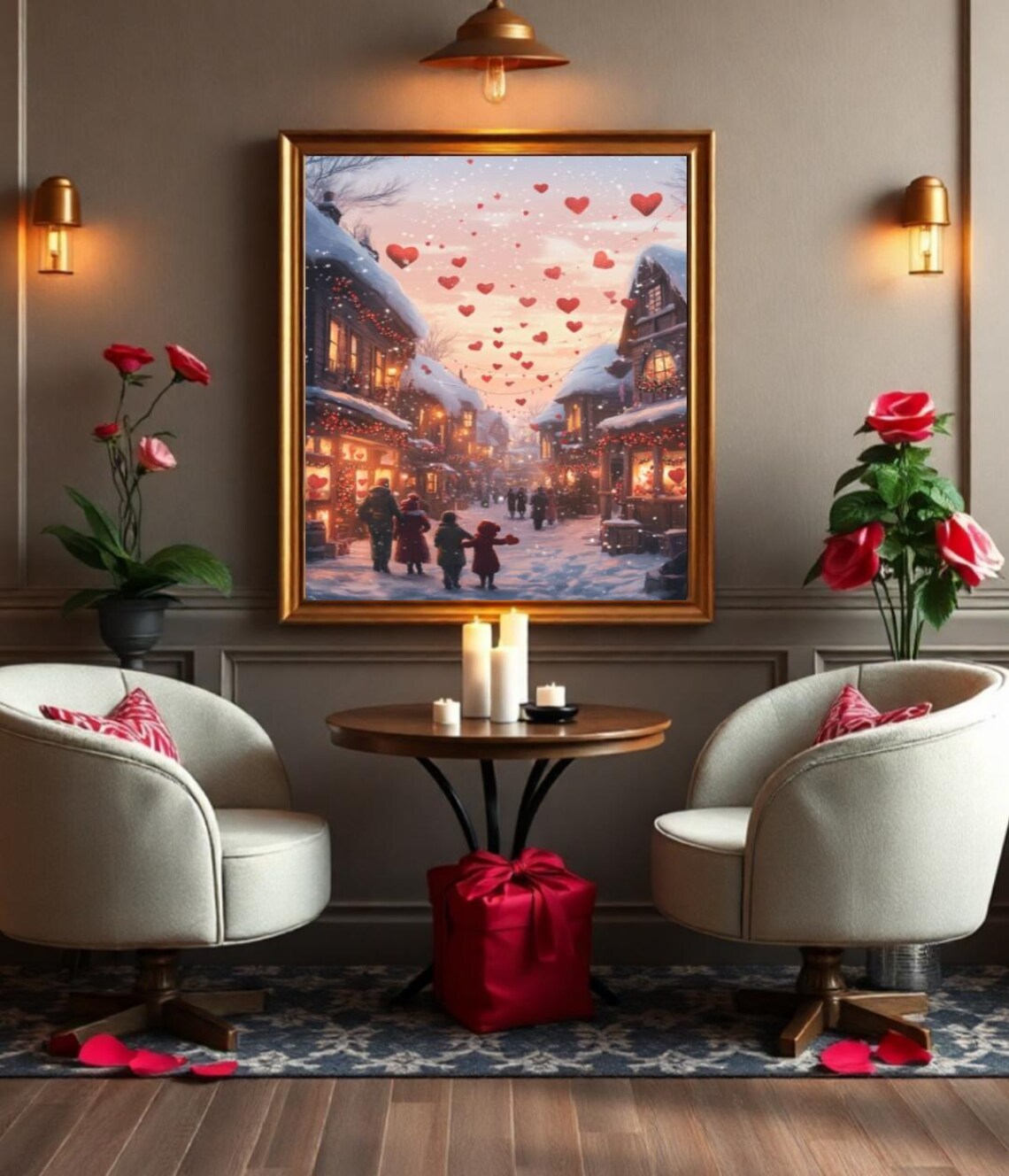 Family Walking Snowy Shopping Street Dusk Floating Hearts Poster - Image 2