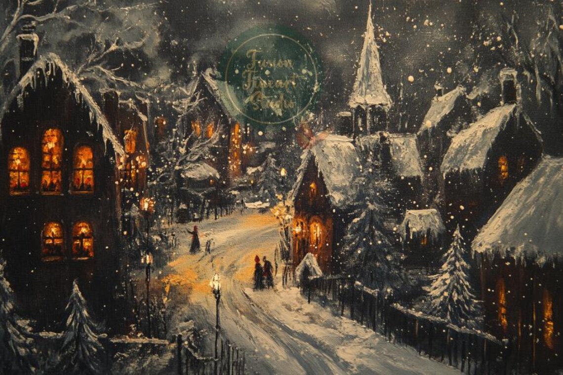 Snow Covered Village Church Spire Christmas Night Scene Poster - Image 3