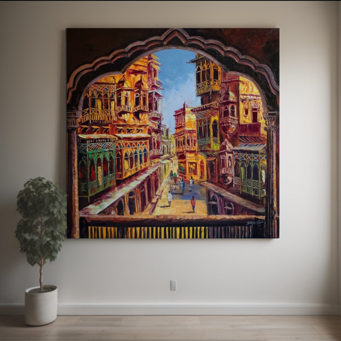 The Balcony City Oil Painting, Textured Art Print - Image 3