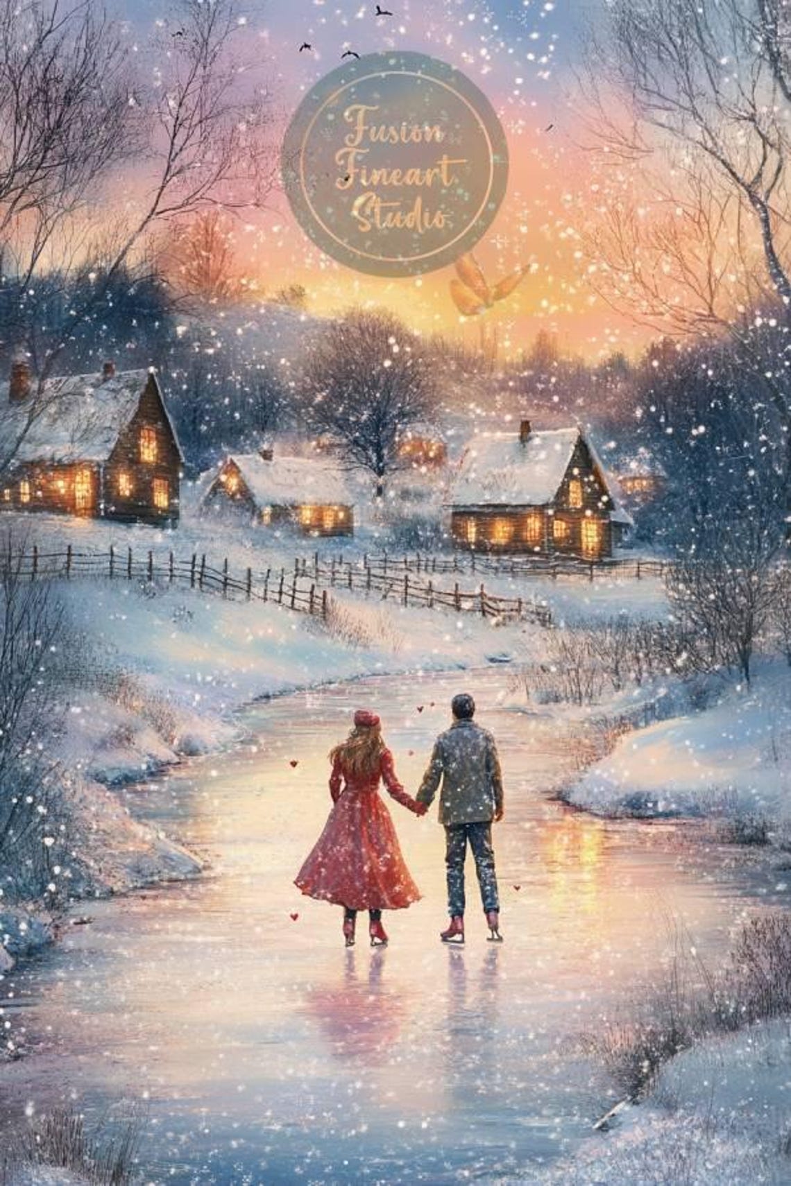 Couple Ice Skating Frozen Pond Sunset Snowy Cottages Scene Poster - Image 3