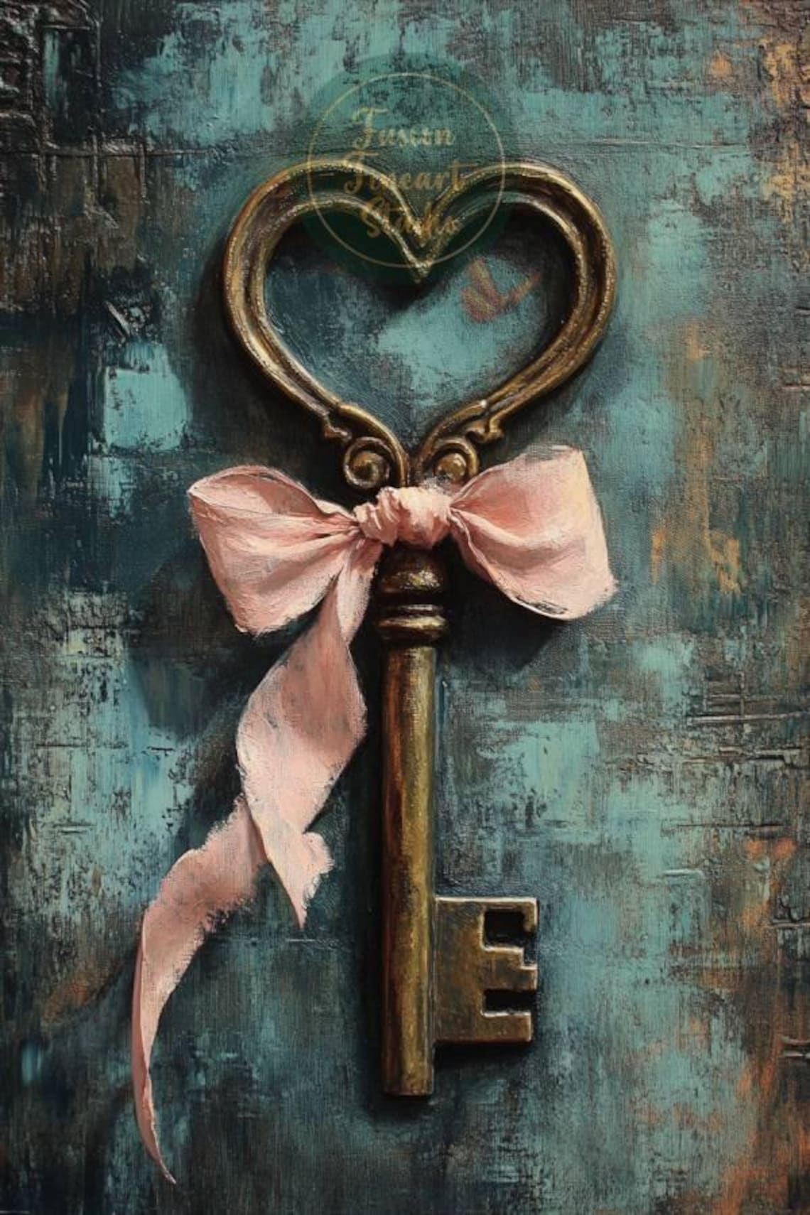 Vintage Heart Key Pink Ribbon Teal Distressed Romantic Print - Image 3