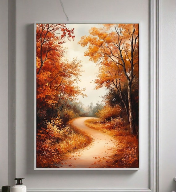 Winding Golden Path Through Fiery Autumn Forest Oil Painting Poster