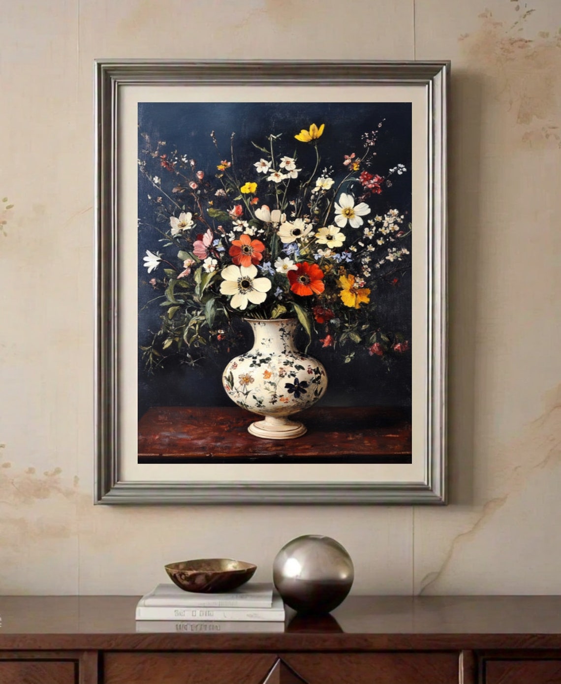Vintage Wildflower Vase Dark Blue Moody Floral Still Life Poster