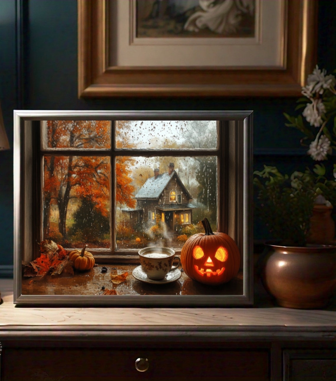 Jack O Lantern Coffee on Rainy Halloween Window Dark Academia Poster