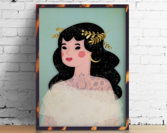 Moon Lady Portrait Starry Night Hair Gold Laurel Illustrative Poster