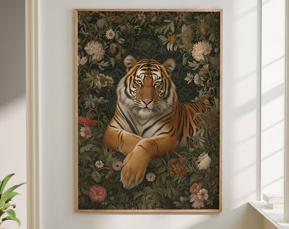 Tiger Reclining Dark Floral Botanical Vintage Jungle Art Poster