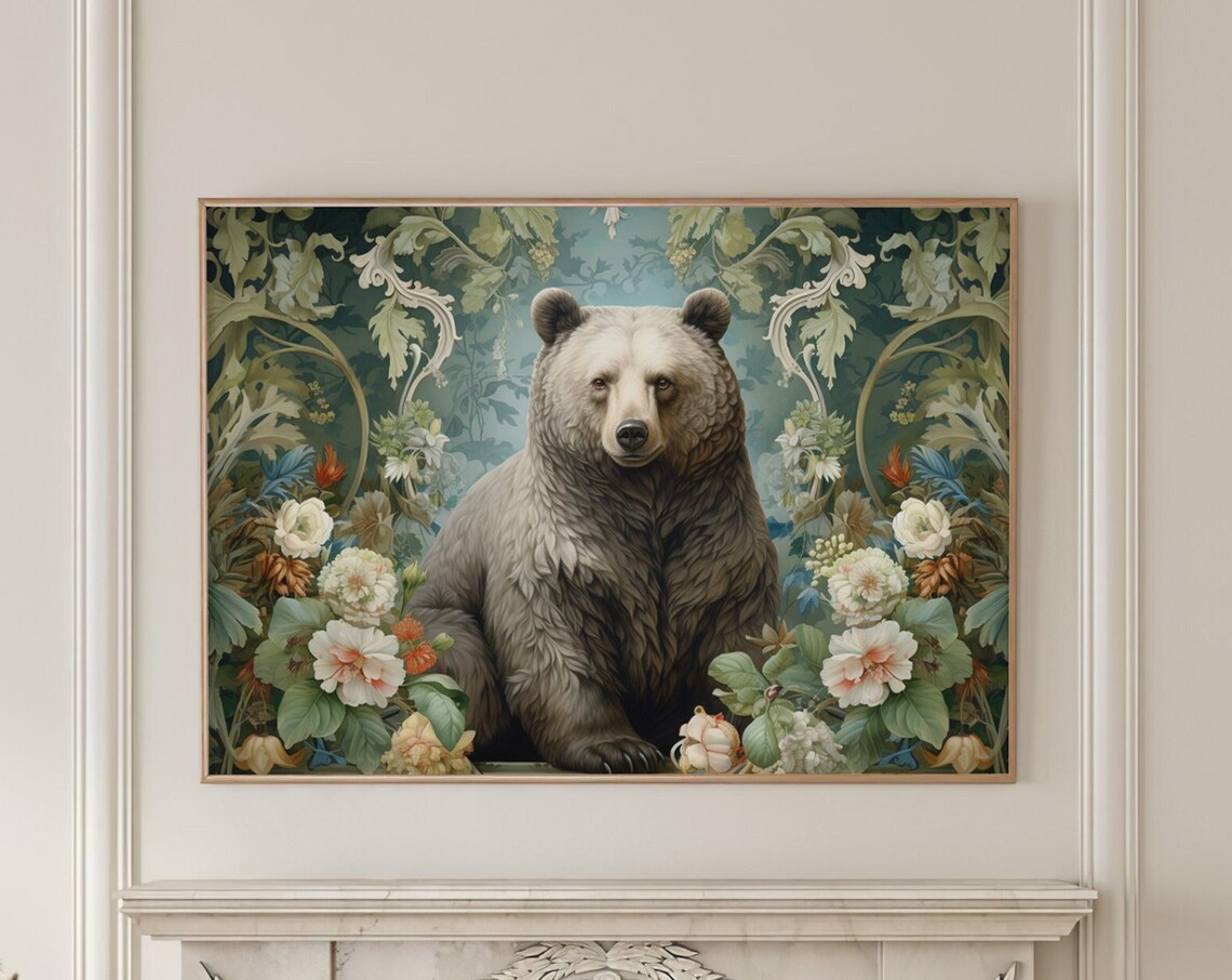Gray Bear Portrait Among Flowers Vintage Botanical Animal Poster