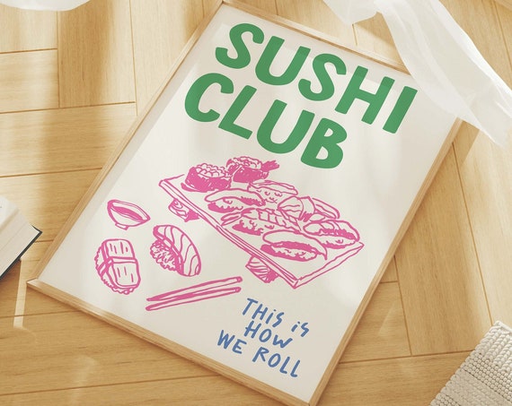 Sushi Club Print Art Pink Green Kitchen Food Decor Retro Japanese Sushi Art Poster Cute Trendy Wall Art