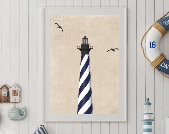 Navy Striped Lighthouse Seagulls Coastal Nautical Beach Art Poster