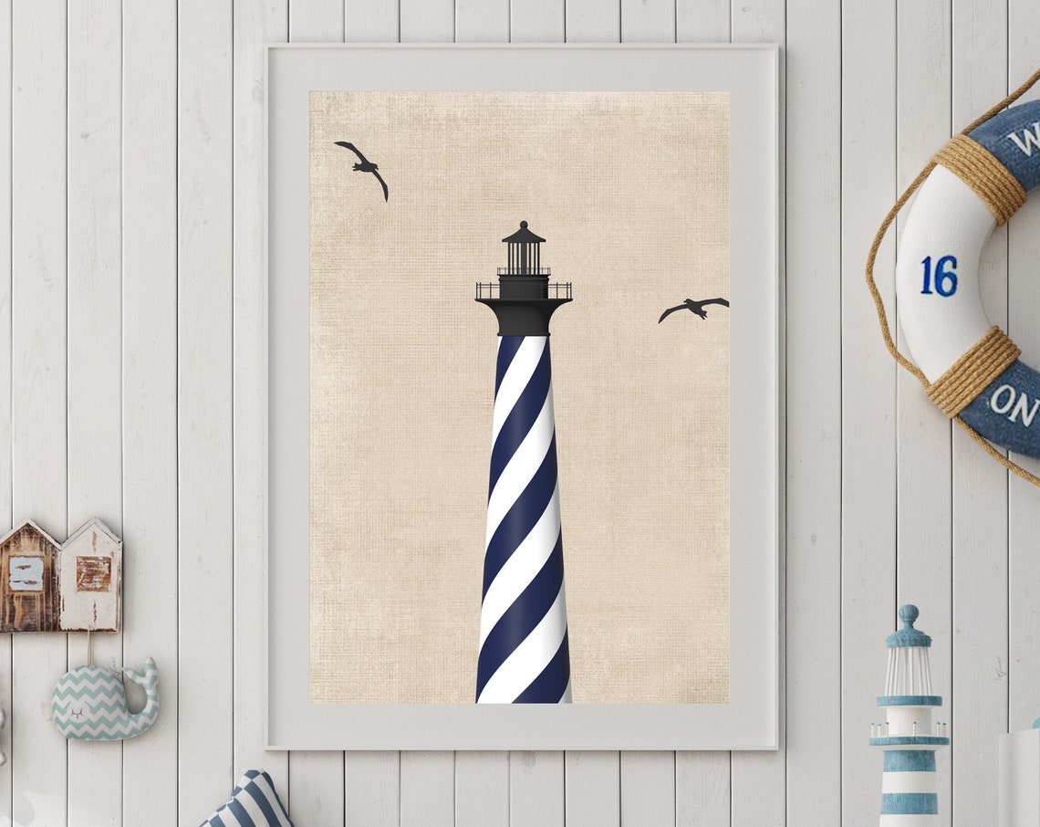 Navy Striped Lighthouse Seagulls Coastal Nautical Beach Art Poster