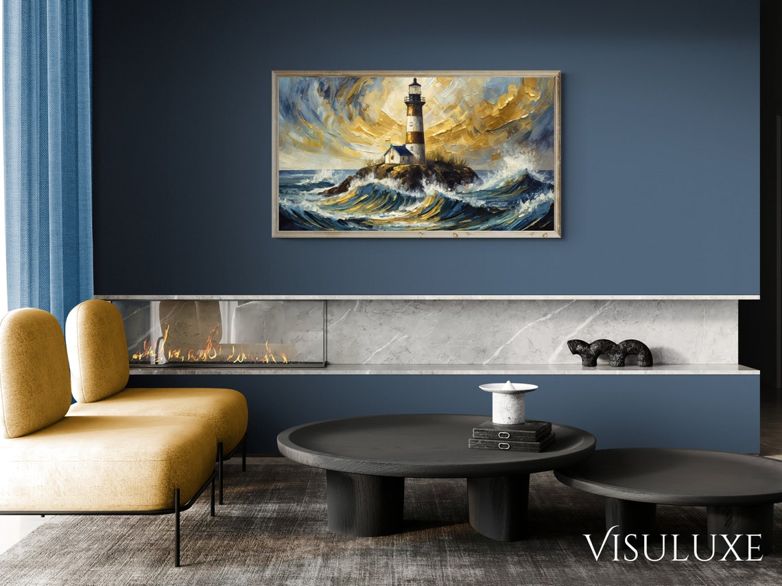 Lighthouse Rocky Island Crashing Waves Dramatic Ocean Painting Poster - Image 3