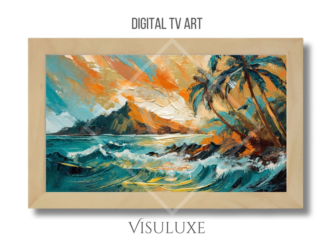 Tropical Hawaiian Ocean Waves Palm Trees Sunset Beach Painting Poster - Image 3