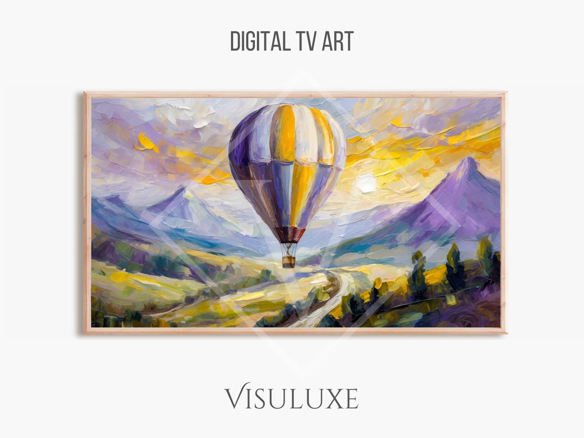 Purple And Yellow Hot Air Balloon Painting Frame Tv Art Balloon Mountain Scene Oil Painting Heavy Brushstroke Scenic Screensaver Tv 169 Ar