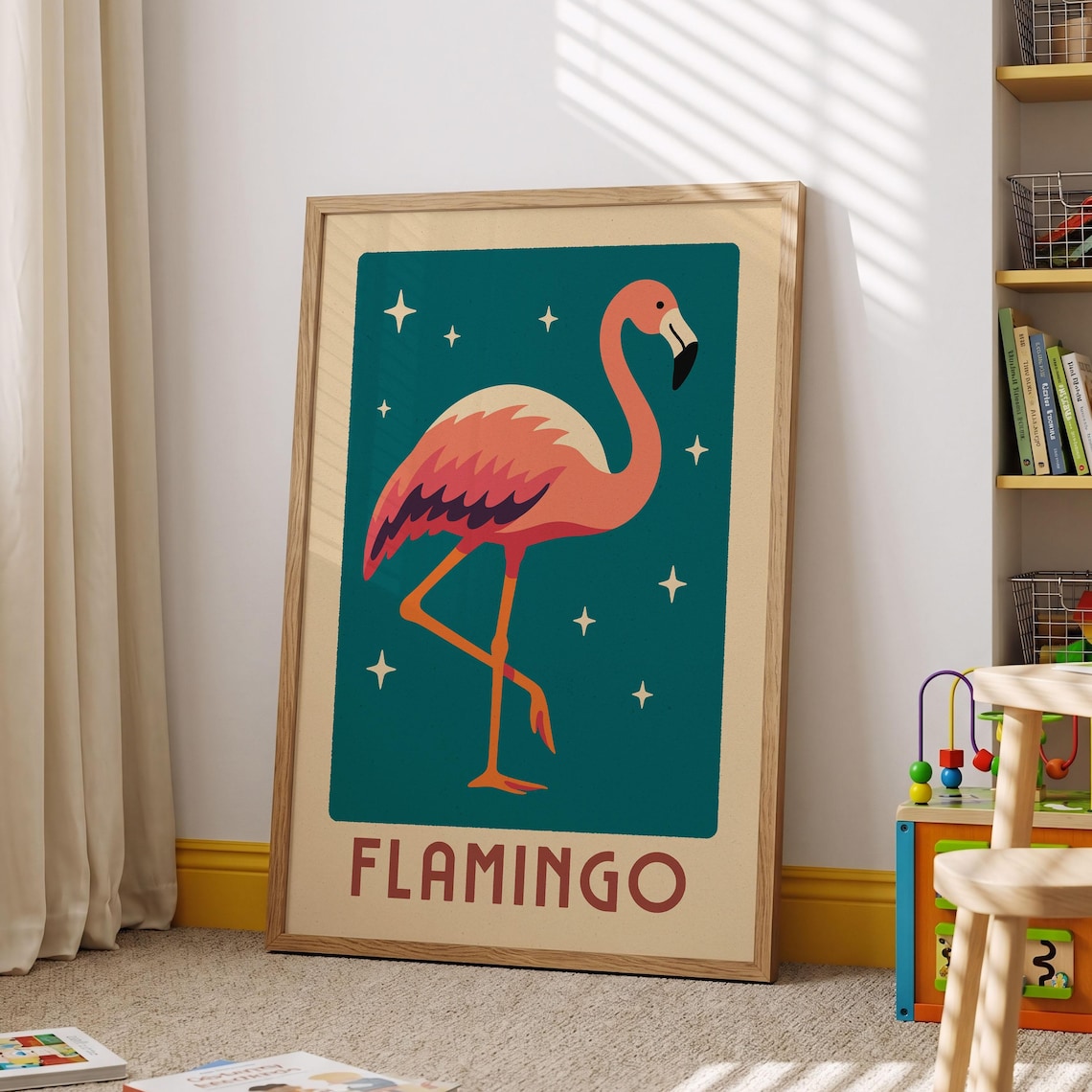 Retro Flamingo Standing Tall Teal Starry Nursery Animal Poster