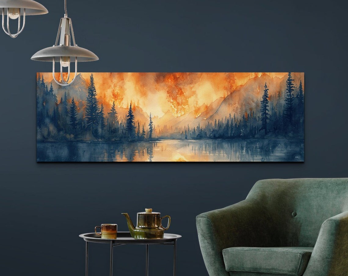 Panoramic Watercolor Orange Sky Pine Lake Sunset Landscape Wall Art