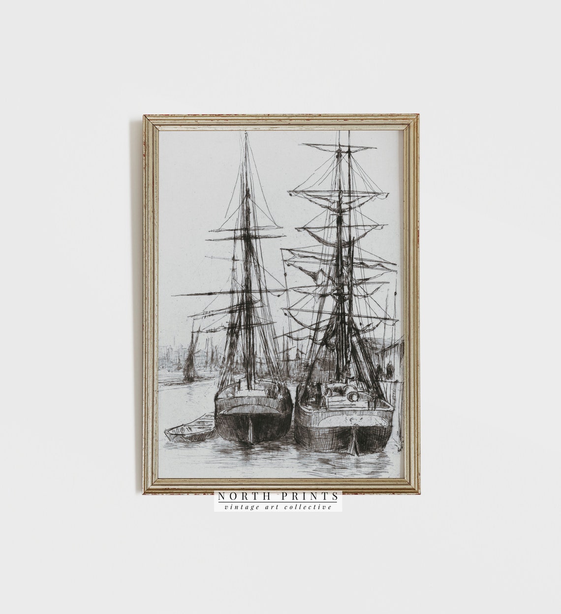 Tall Ships Harbor Antique Nautical Pen Sketch Drawing Wall Art - Image 3