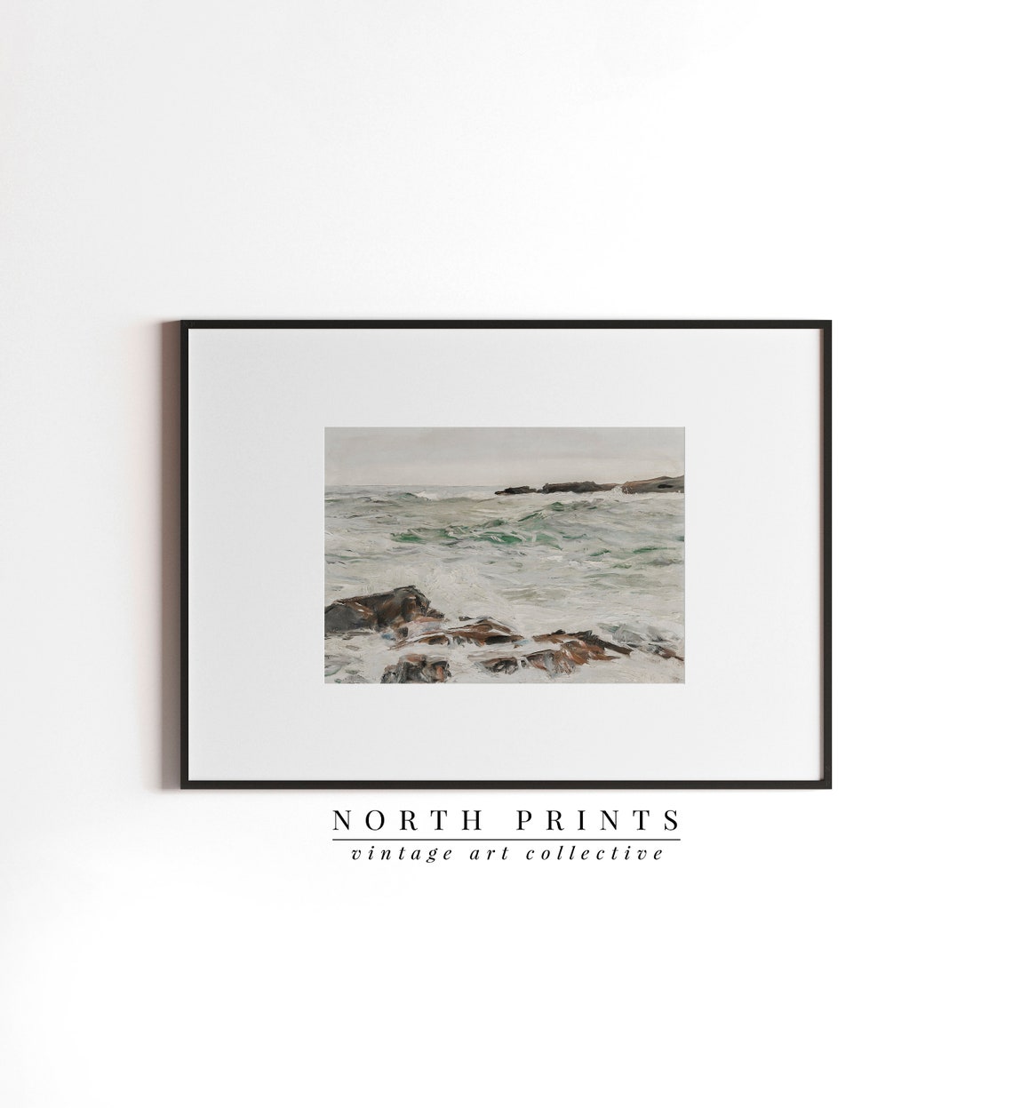 Muted Green Ocean Waves Rocky Shore Seascape Painting Poster - Image 3