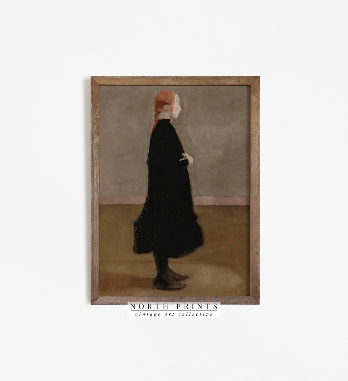 Vintage Red Haired Girl Black Dress Portrait Oil Painting Print