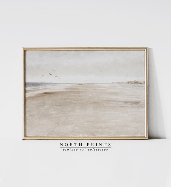 Vintage Neutral Beach Painting, Coastal Landscape Print