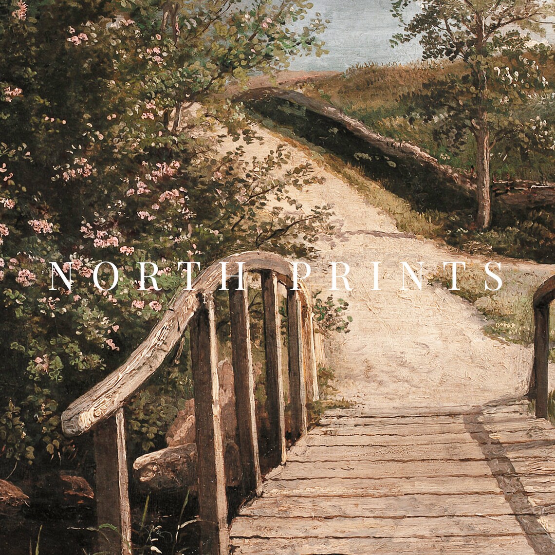 Rustic Wooden Footbridge Flowering Bushes Country Path Vintage Poster - Image 3