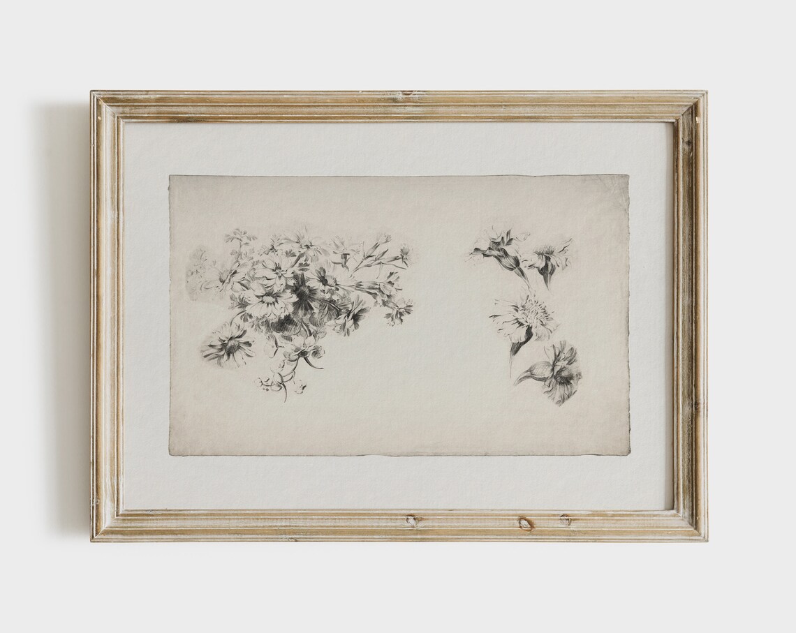 Vintage Flower Sketch Neutral Floral Drawing Print - Image 2