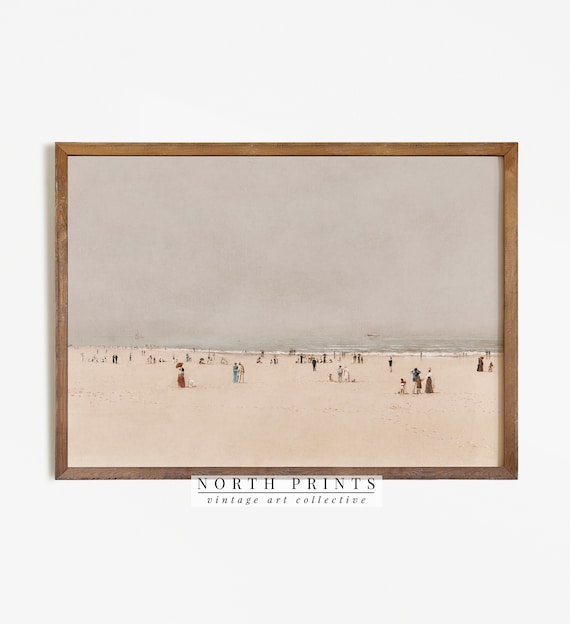 Wide Sandy Beach Tiny Strolling Figures Vintage Coastal Painting Poster