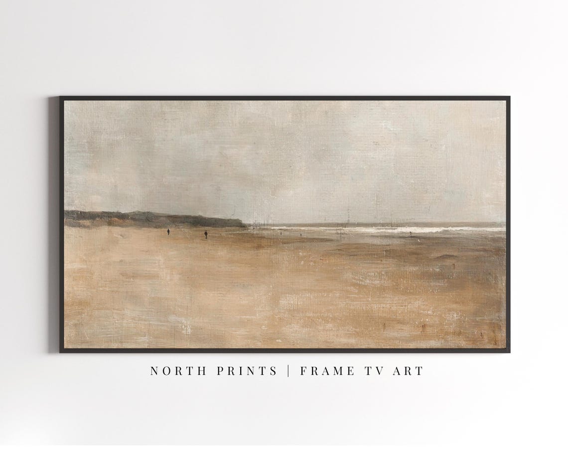 Muted Sandy Beach Distant Figures Minimal Vintage Travel Poster - Image 2