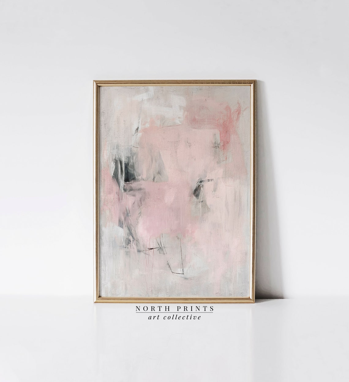 Soft Pink Abstract Painting White Grey Texture Modern Wall Art