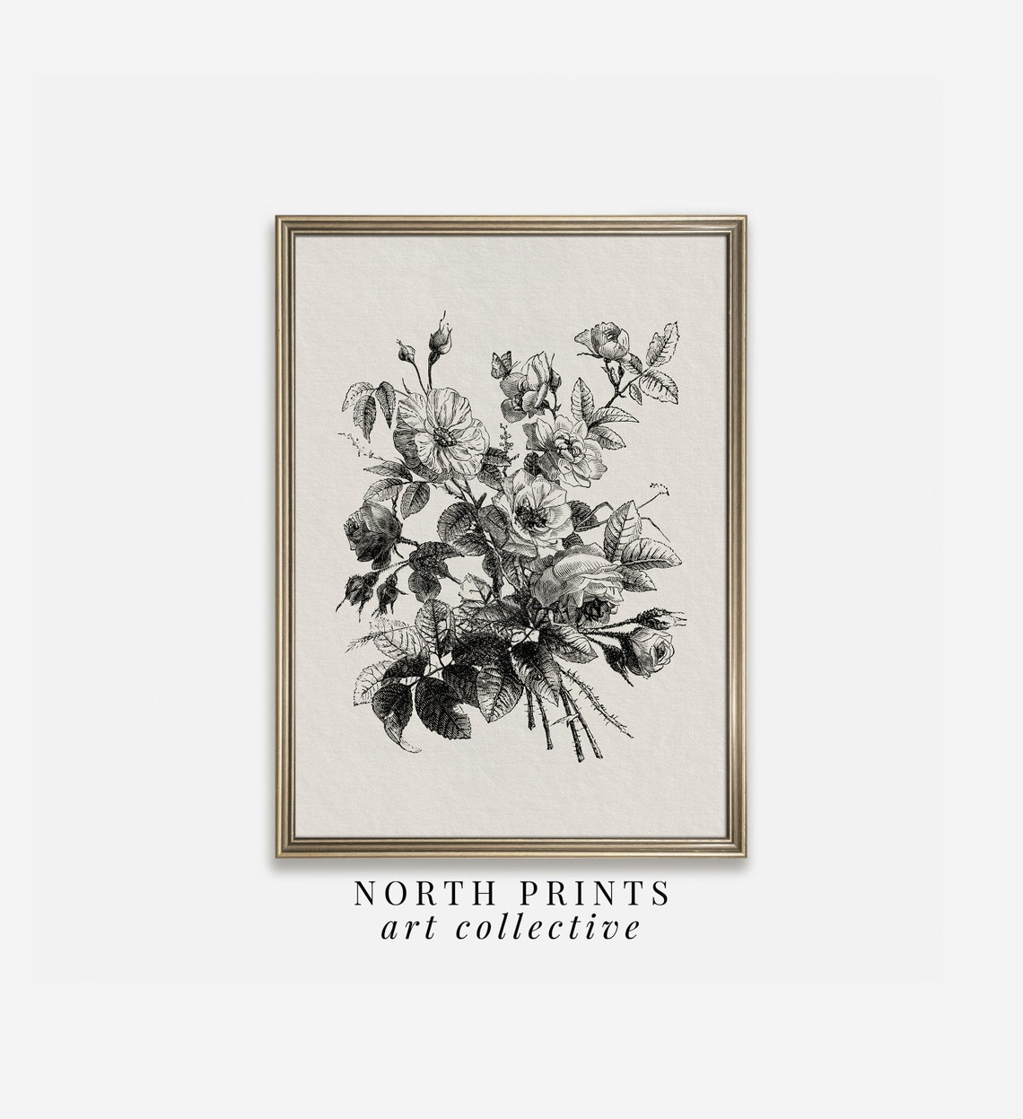 Antique Rose Bouquet Sketch Black White Floral Engraving Poster - Image 3