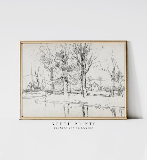 Minimalist Landscape Drawing, Neutral Farmhouse Art