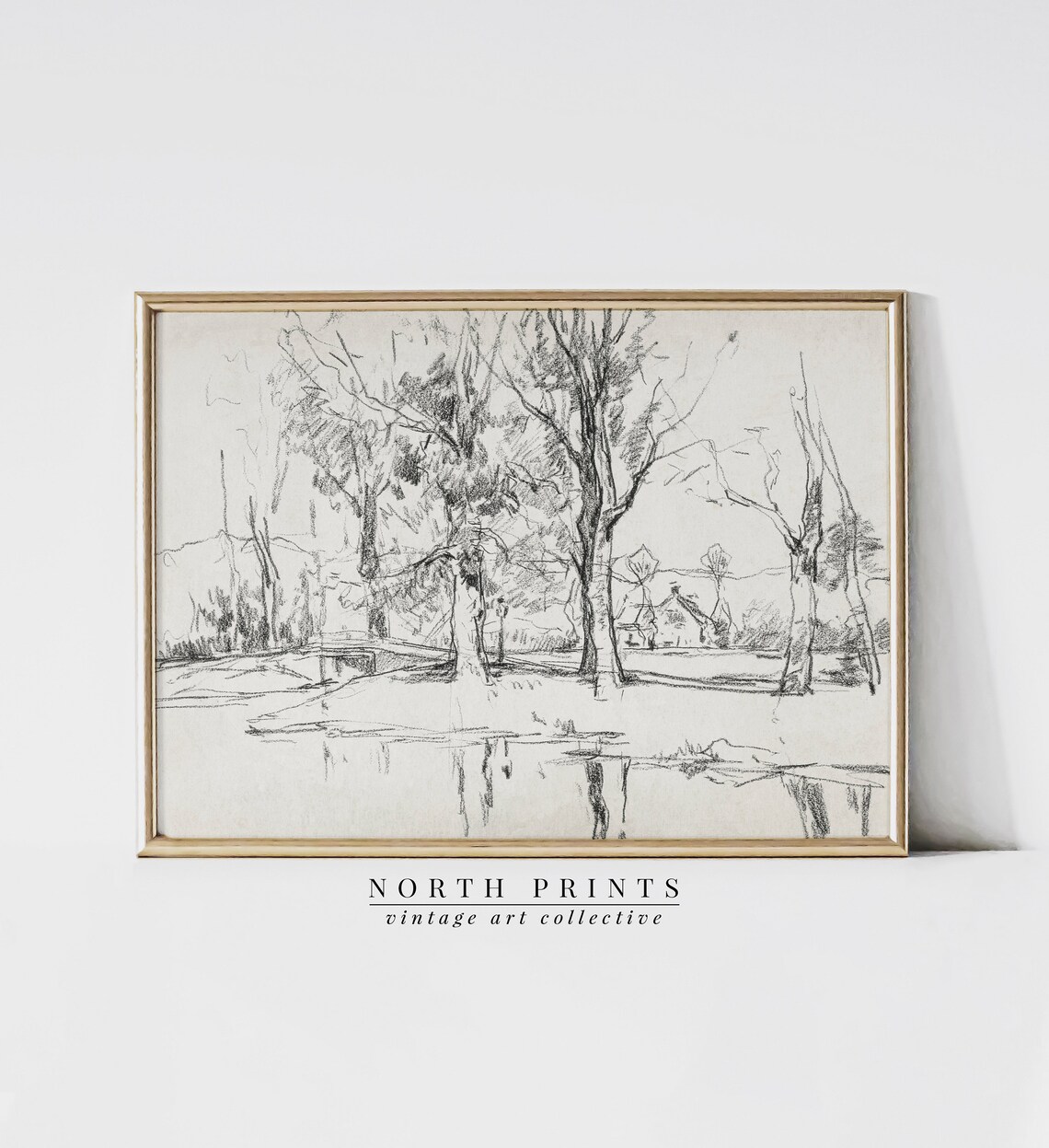Minimalist Landscape Drawing, Neutral Farmhouse Art