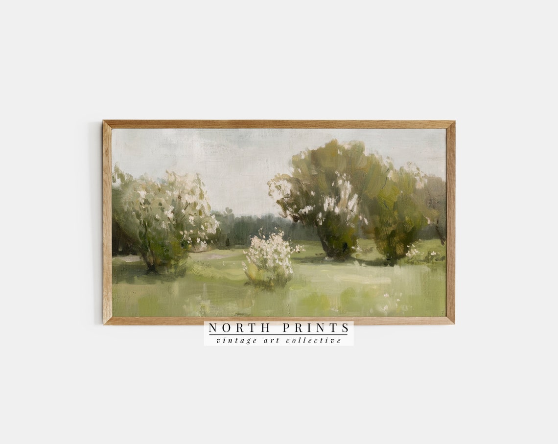 Spring Meadow Lilac Trees Blooming Green Vintage Travel Poster