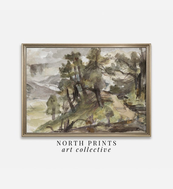 Countryside Trees Watercolor Painting Wall Art Green Ladnscape Wall Decor North Prints 7 02