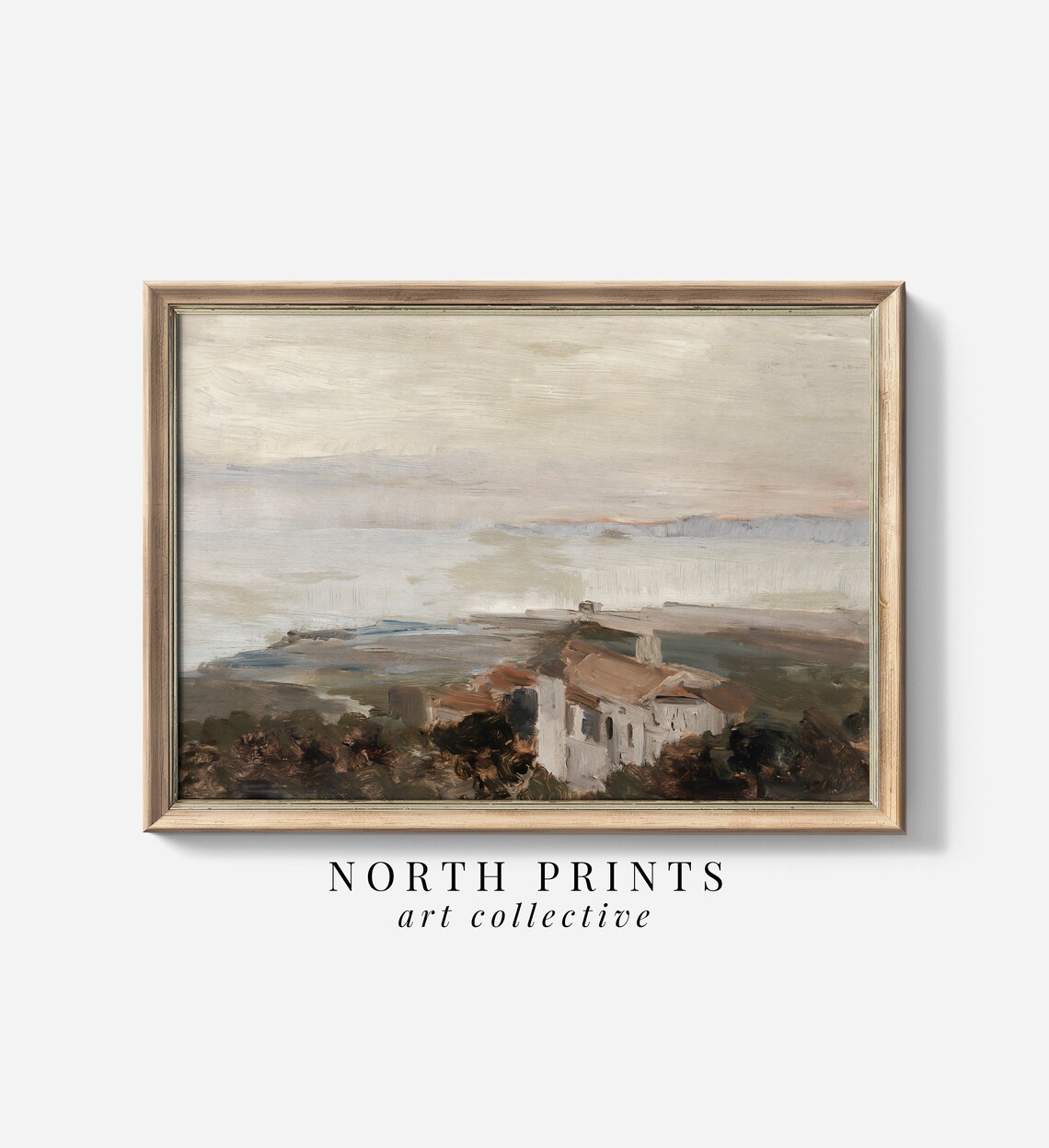 European Coastal Painting, Vintage Rustic Coastal Art Print