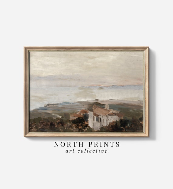 European Coastal Painting, Vintage Rustic Coastal Art Print