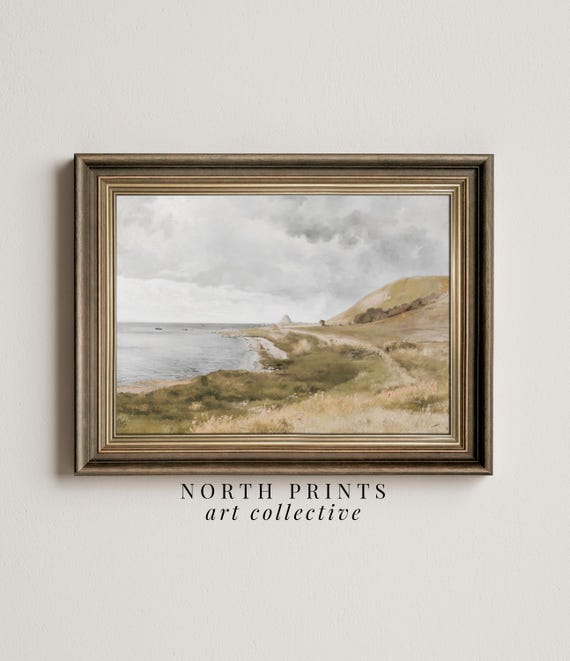 Vintage Seaside Landscape Painting, Coastal Art Print