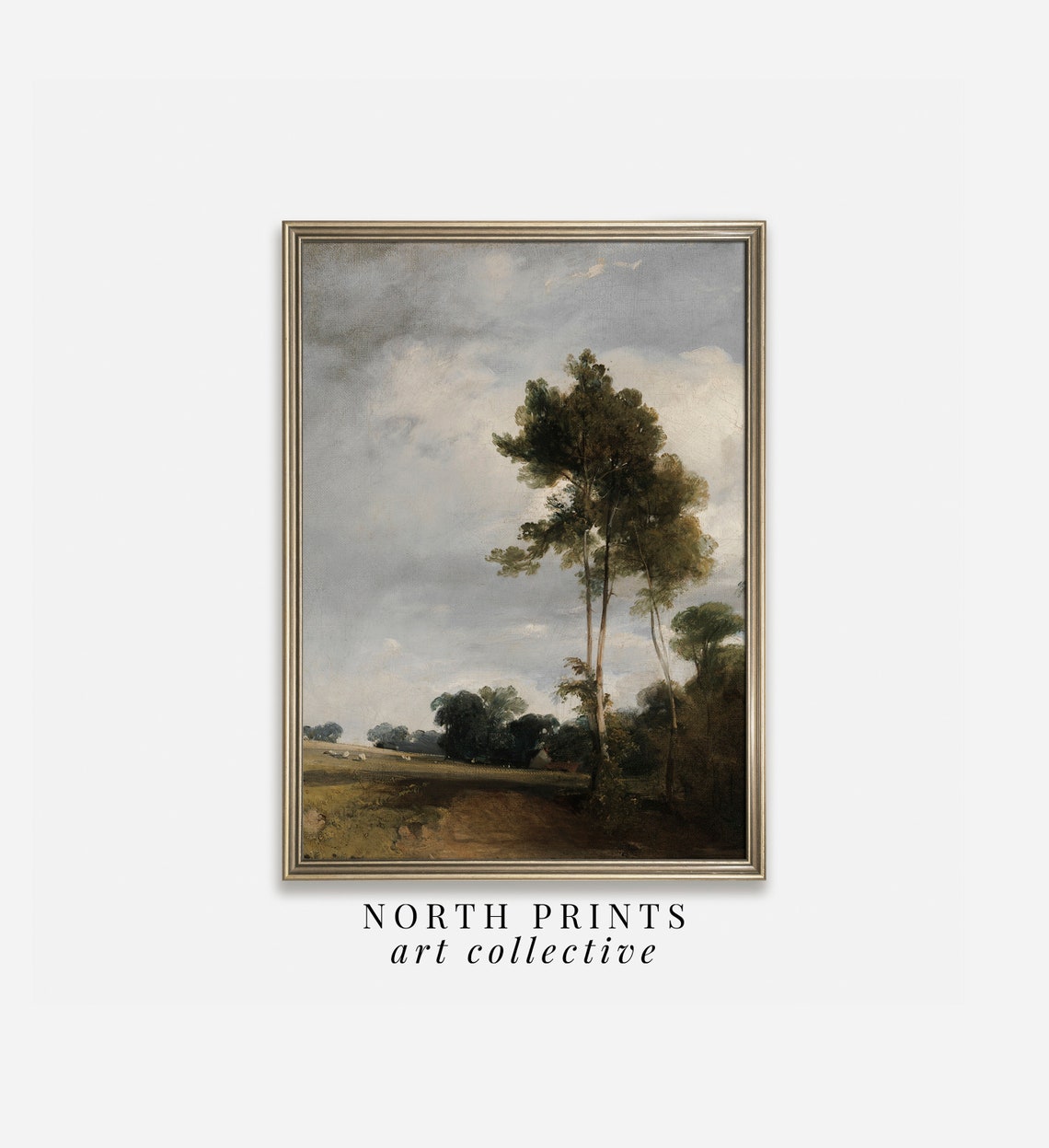 Moody Tall Trees Cloudy Sky Meadow Vintage Landscape Painting Poster - Image 2