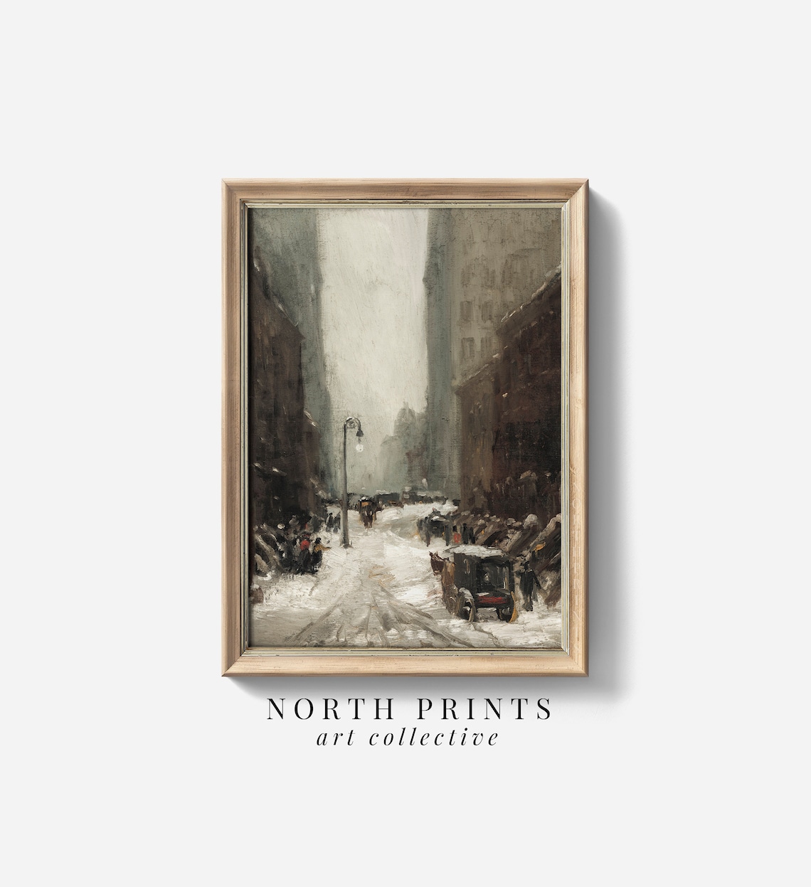 Snowy Old City Street Horse Carriages Moody Winter Painting Poster