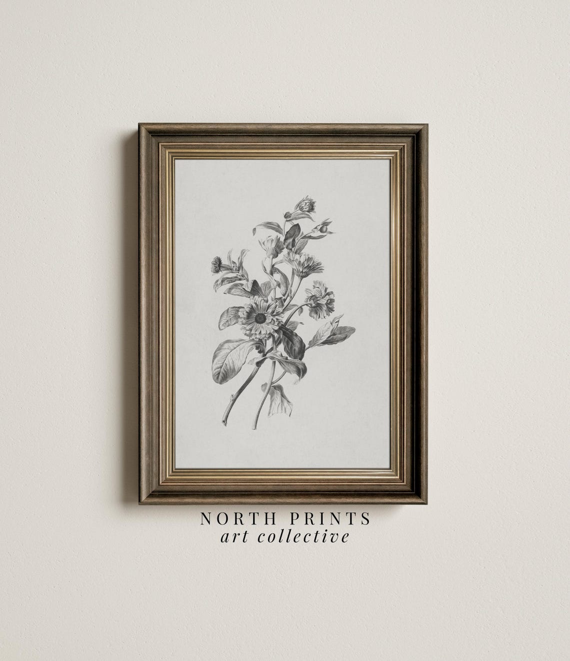 Vintage Grayscale Flower Sketch Antique Botanical Line Art Print