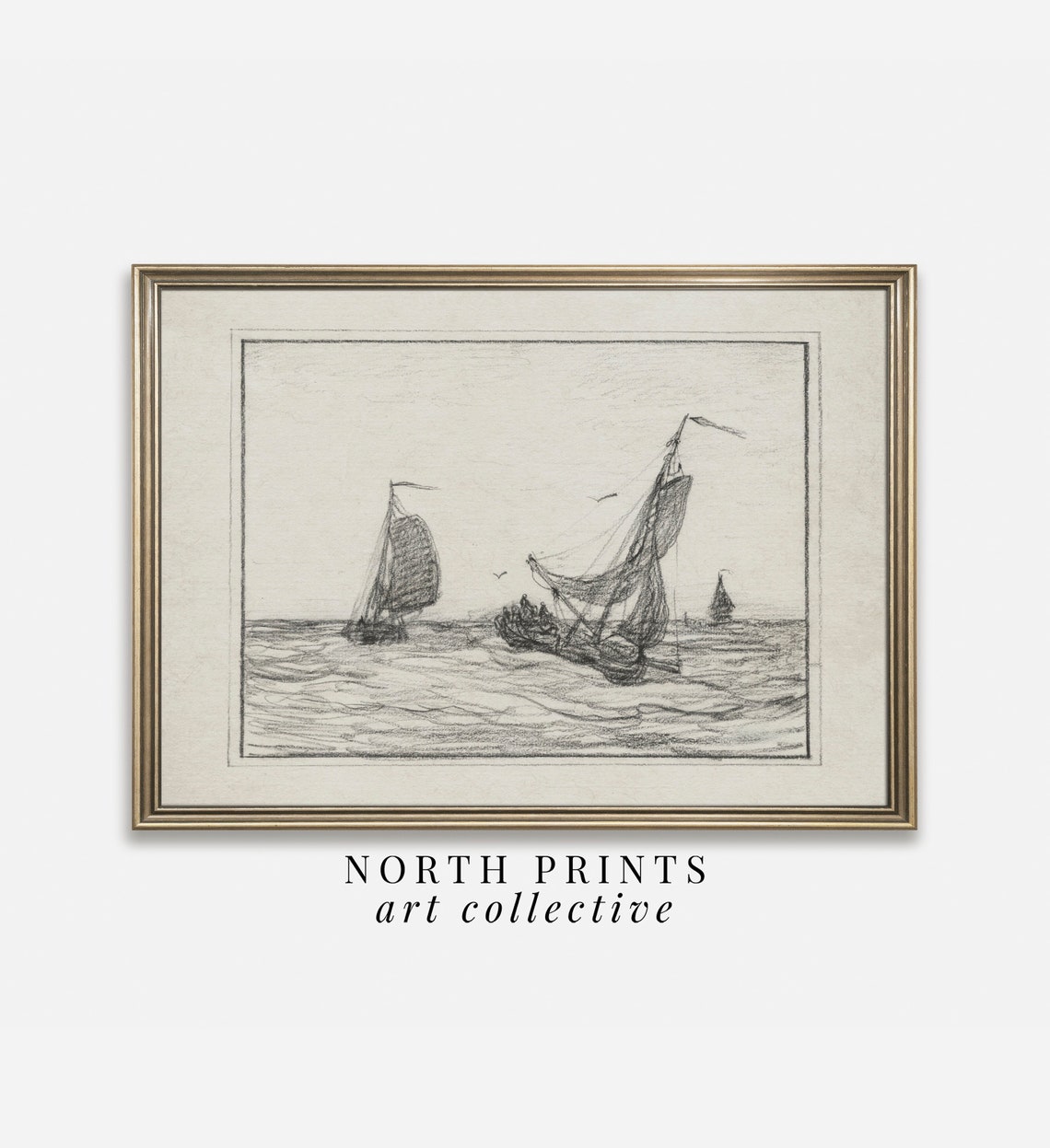 Vintage Sailboat Charcoal Sketch Nautical Sea Drawing Coastal Wall Art - Image 3
