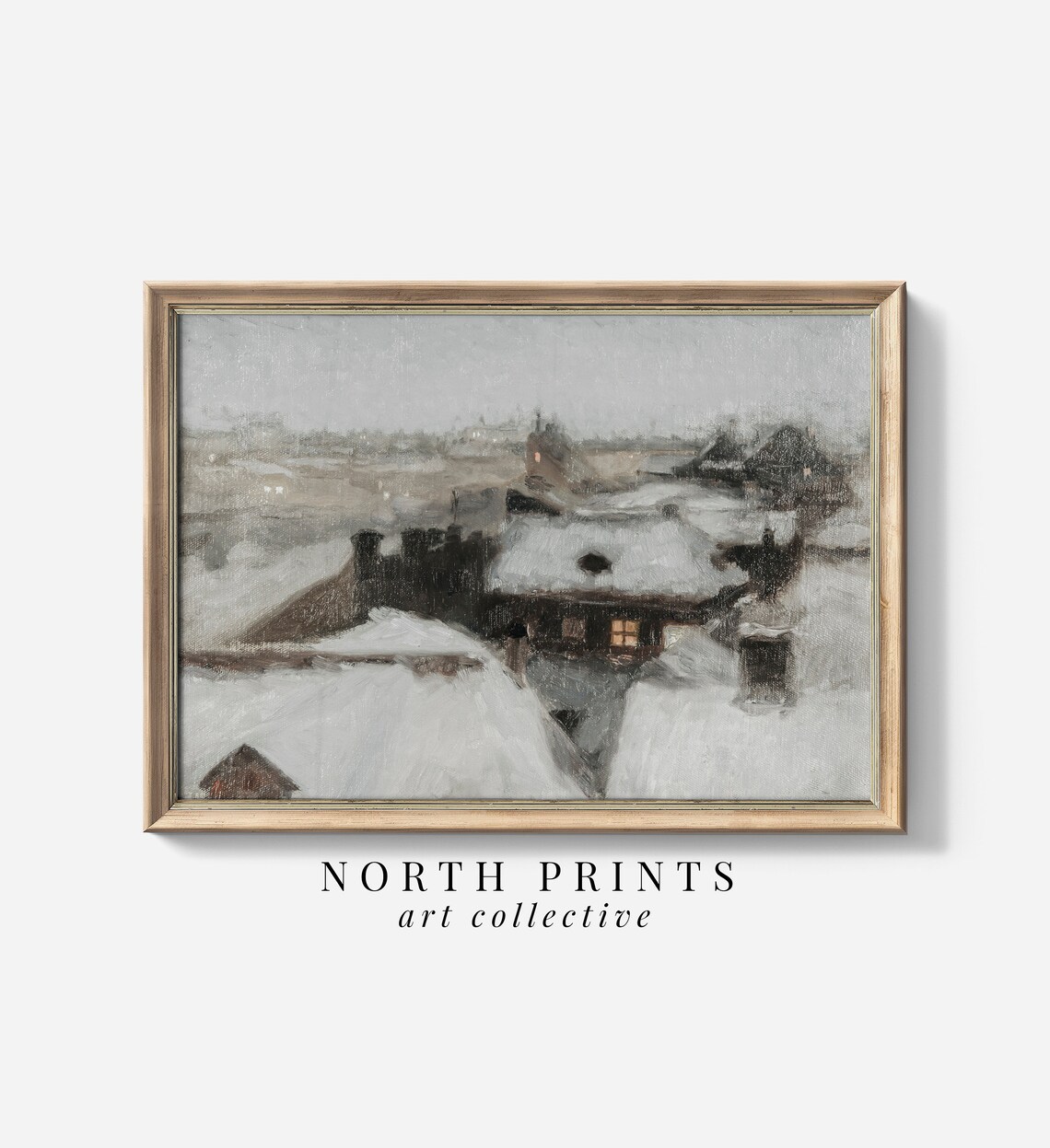 Rustic Winter Cityscape Vintage Art Print