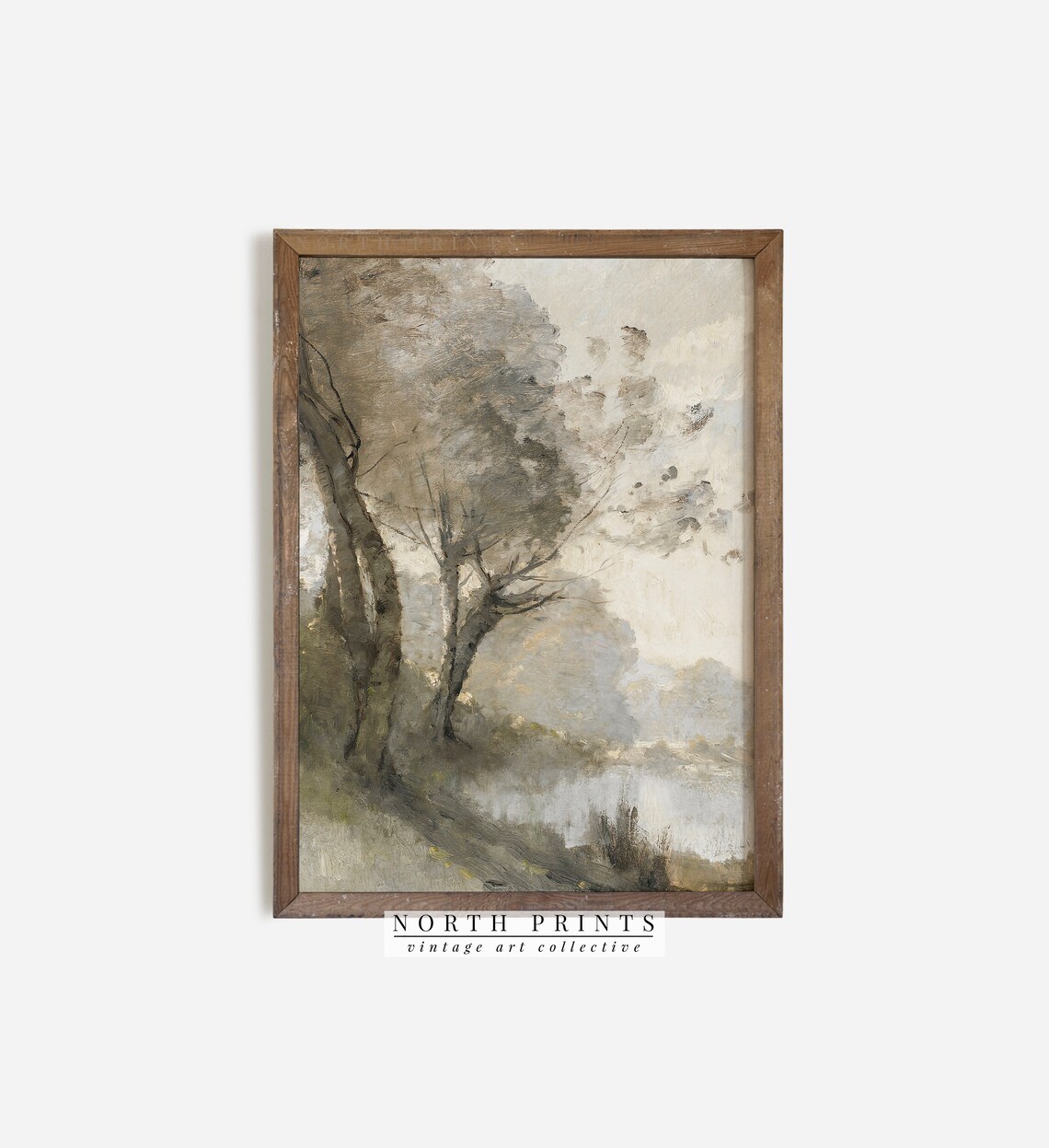 Muted River Landscape Painting Art Print, Neutral Green - Image 2