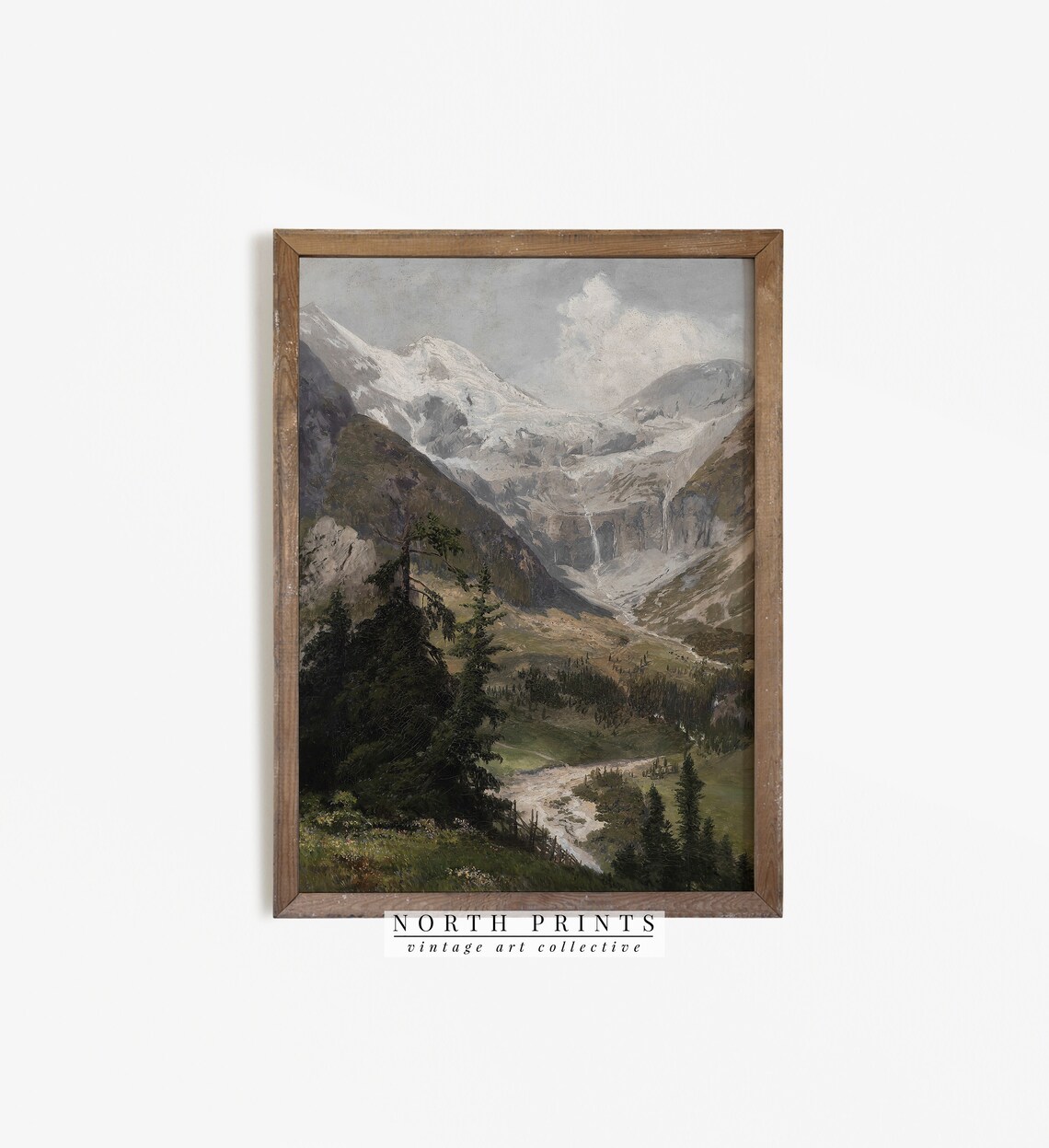 Rustic Mountain Painting, Vintage Moody Cabin Art