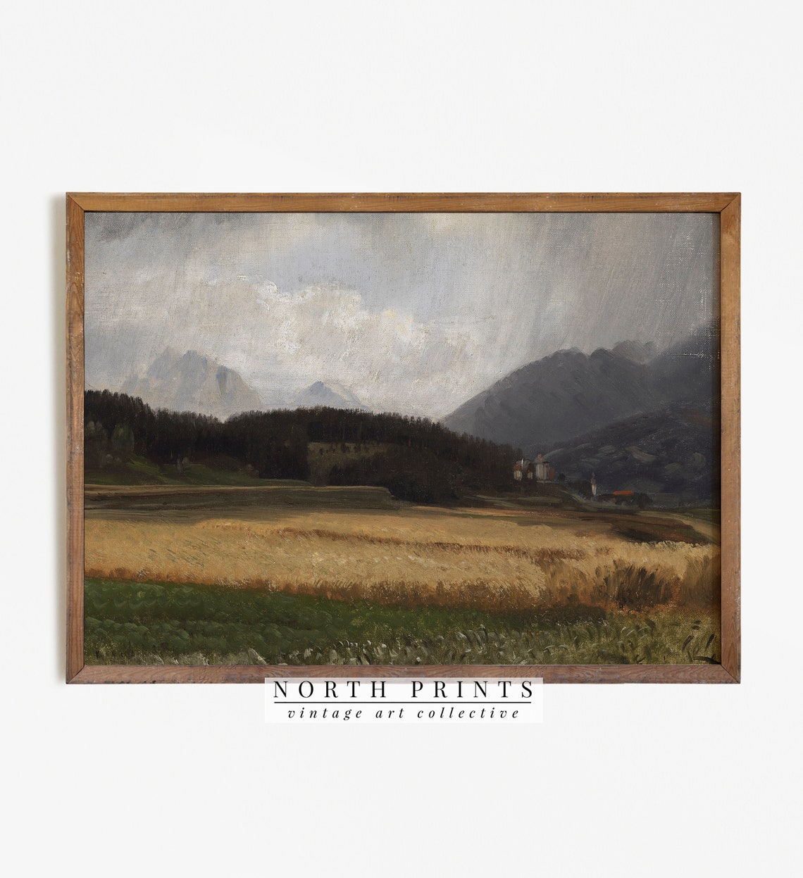 Misty Mountain Valley Golden Wheat Fields Vintage Painting Print