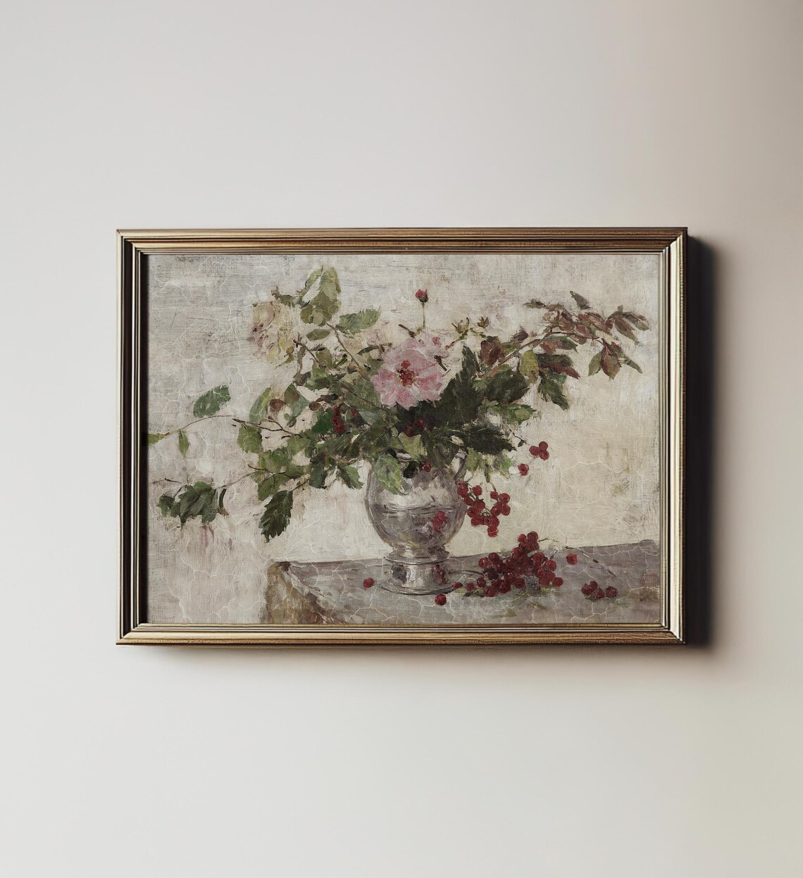 Antique Neutral Floral Bouquet, Vintage Botanical Art Print