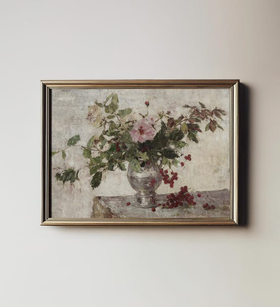 Antique Neutral Floral Bouquet, Vintage Botanical Art Print