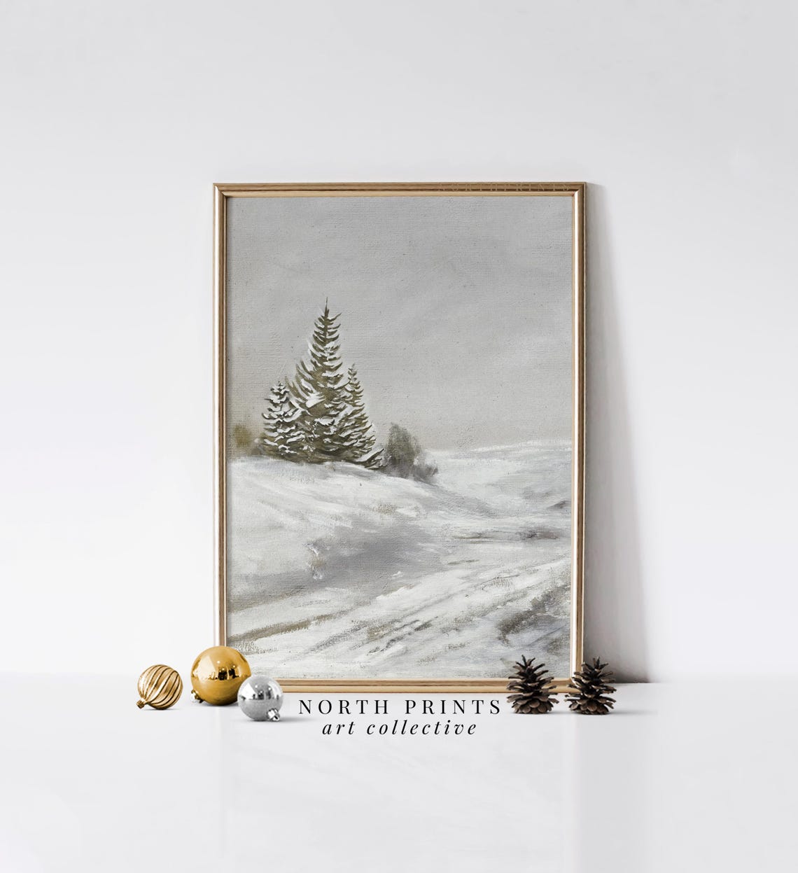 Minimalist Snowy Pine Trees Winter Field Gray Landscape Art Poster
