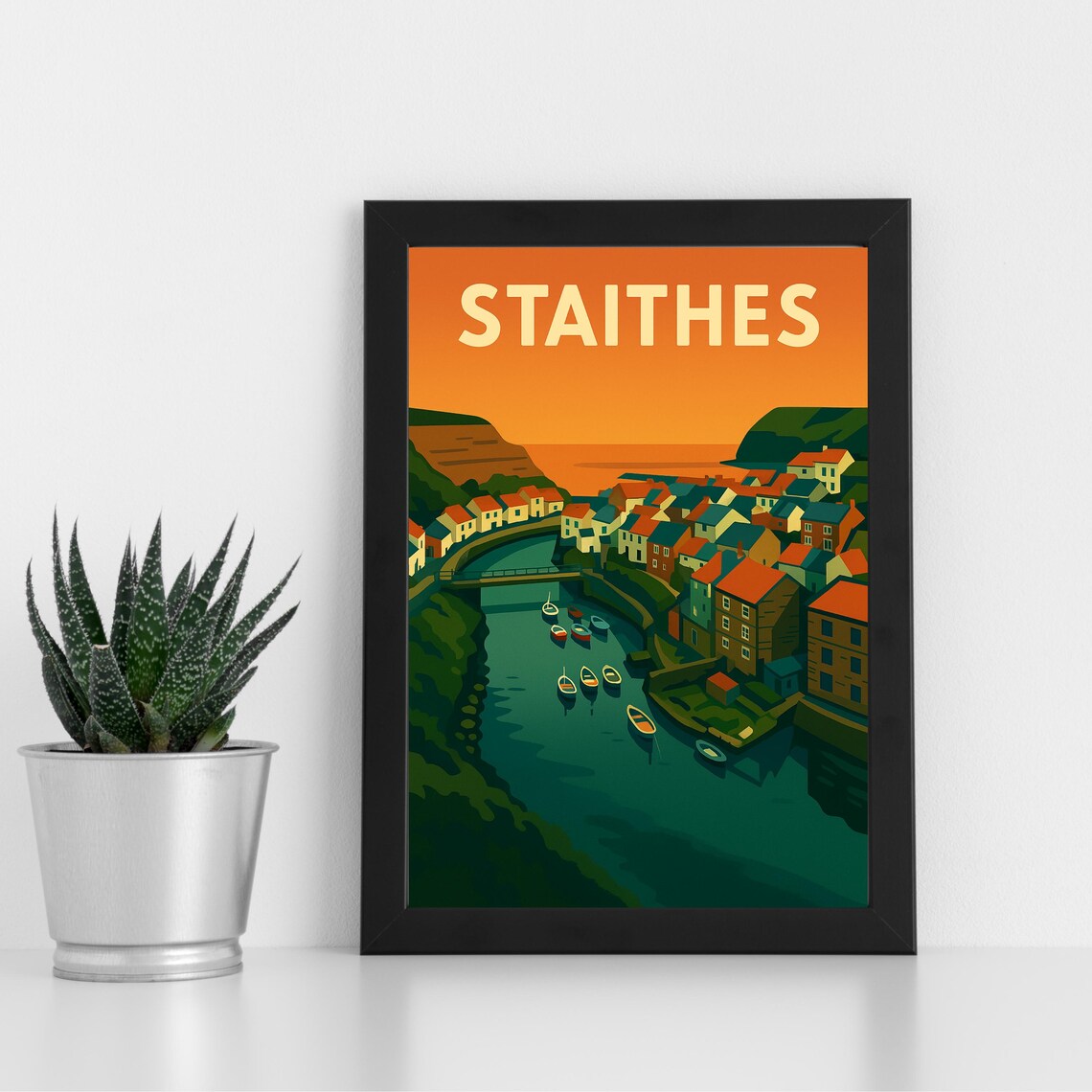 Staithes Yorkshire Fishing Village Harbor Sunset Travel Poster