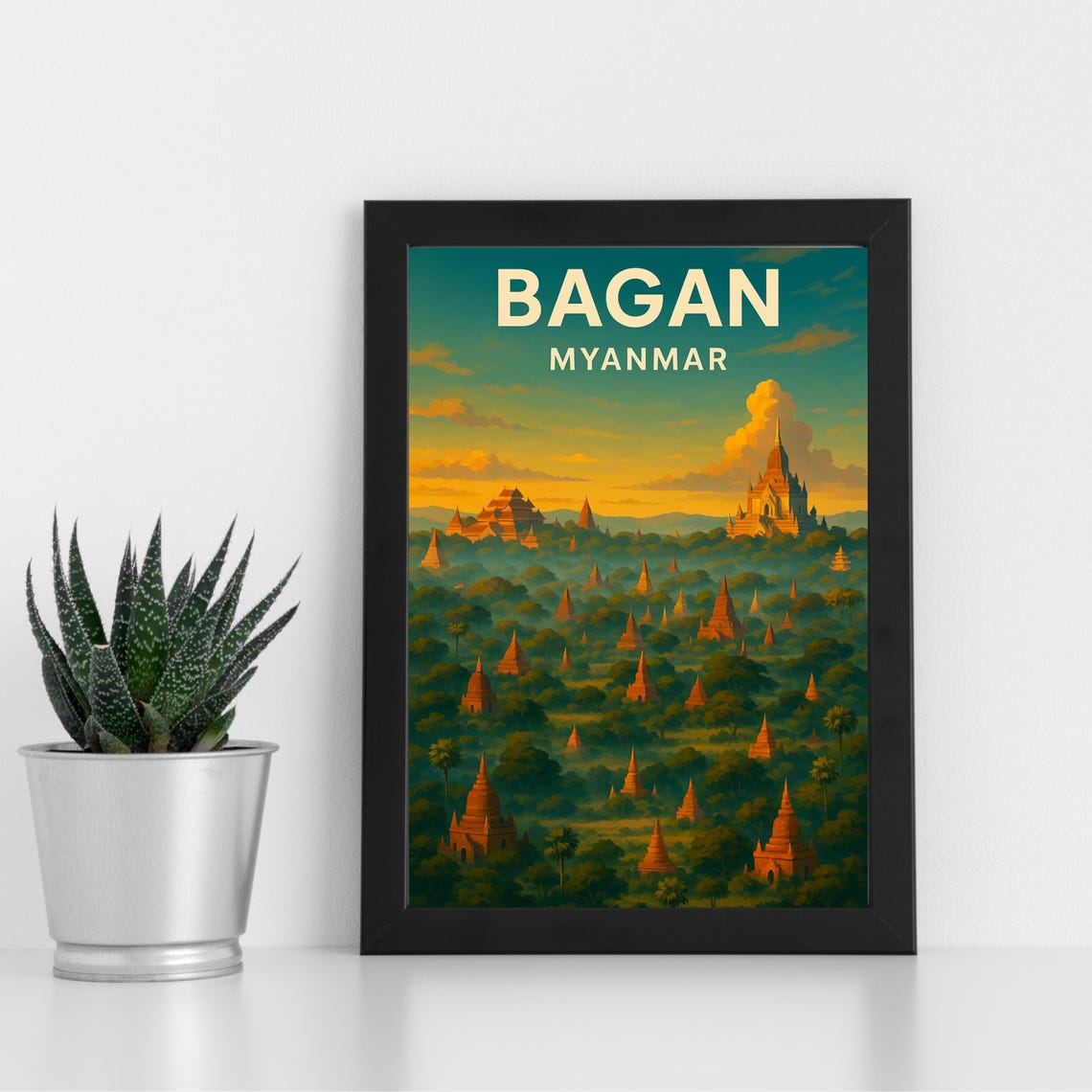 Bagan Myanmar Retro Travel Poster Ancient Temples Sunset Art