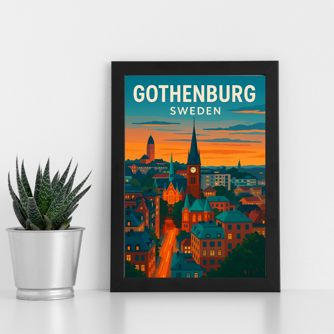 Gothenburg Sweden Vintage Sunset Harbor Cityscape Travel Poster